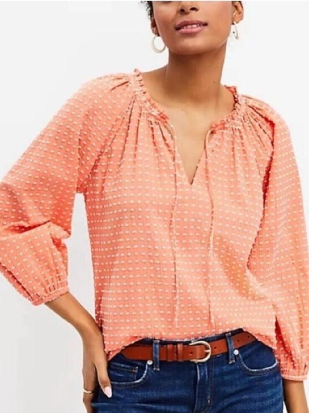 LOFT Cotton Blend Clip Dot 3/4 Sleeve Blouse Peachy Orange V-Neck Medium